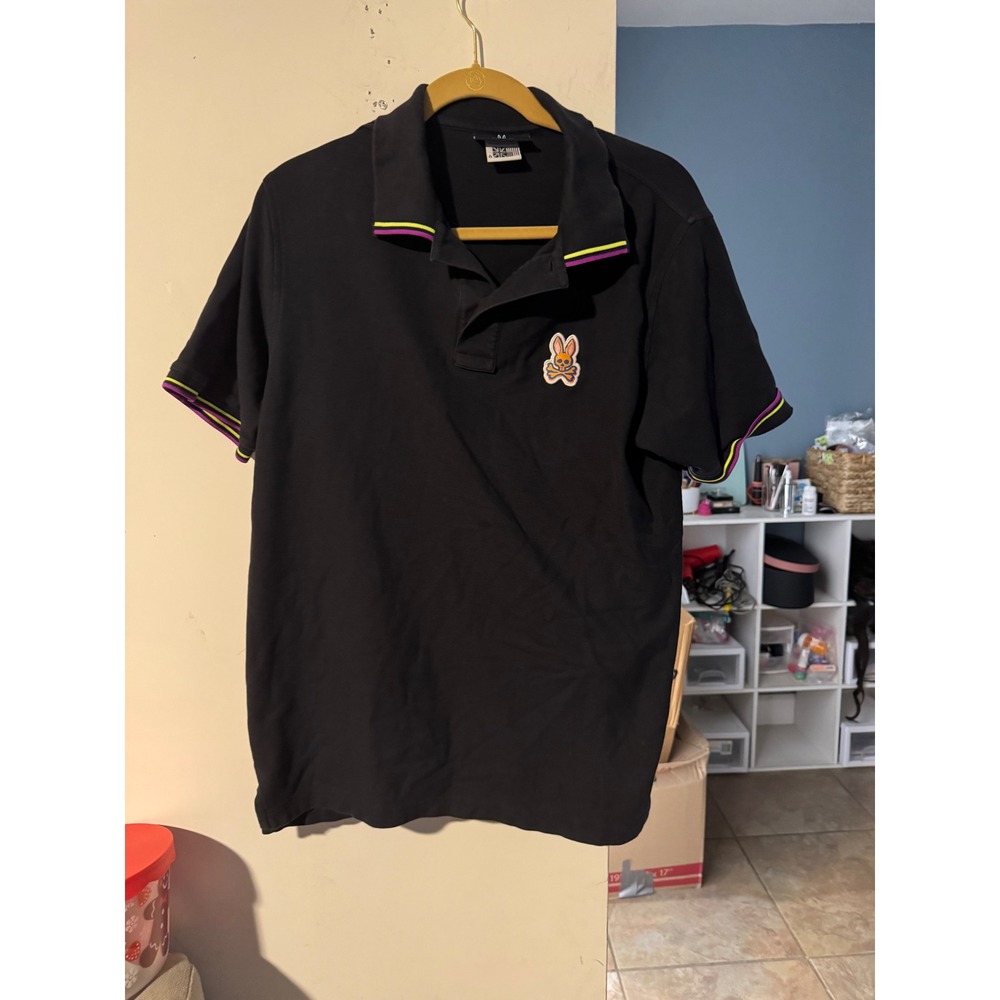 Psycho Bunny Mens Black Neon Tipping Pima Cotton Polo Shirt Size 6 Large